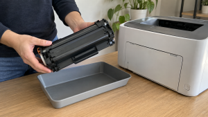 Hands holding a toner cartridge beside a laser printer and an empty tray