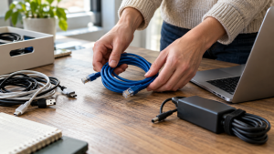 Hands coiling an Ethernet cable beside computer cables and a laptop charger