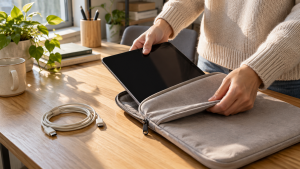 Hands placing a tablet with a dark screen into a padded sleeve beside a charging cable