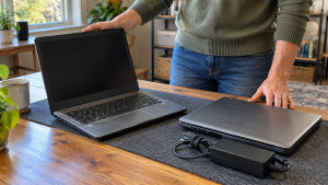 Hands beside an open laptop with a dark screen, a closed laptop and a power adapter