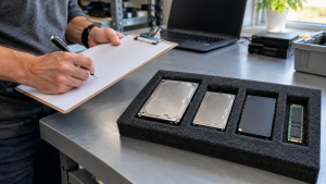 Hands recording an inventory beside storage drives in a foam tray