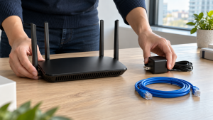 Hands arranging a disconnected Wi-Fi router beside its power adapter and an Ethernet cable