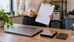 Hands holding a clipboard beside a closed laptop and two storage drives