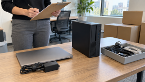 Hands holding a clipboard beside office computer equipment and a tray of cables