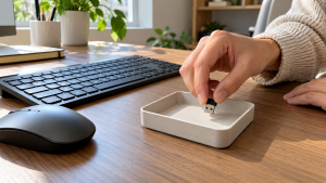 Hands placing a small USB receiver in a tray beside a wireless keyboard and mouse