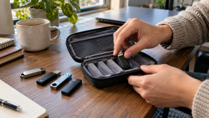 Hands placing a USB flash drive into a padded organizer beside other drives