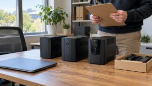 Three UPS battery backup units beside a laptop, accessory tray and clipboard