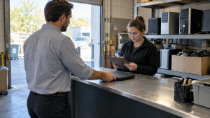 Customer handing over an old laptop at an electronics recycling intake counter
