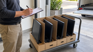 Hands checking an inventory beside flat-panel monitors arranged on an equipment cart