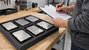 Hands recording an inventory beside storage drives in a foam tray