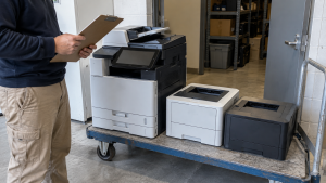 Hands holding a clipboard beside a copier and two printers on an equipment cart