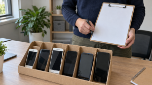 Hands holding a clipboard beside smartphones arranged in cardboard dividers