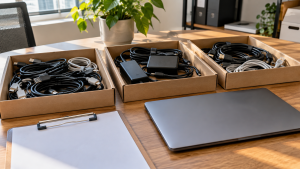 Computer cables and power adapters sorted into cardboard trays beside a laptop and clipboard