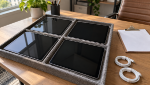 Four tablets with dark screens in a compartment tray beside a clipboard and charging cables
