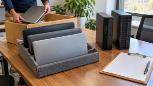 Closed laptops in a padded tray beside desktop computers and a clipboard