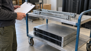 A desktop computer and laptop with storage drives on separate trays