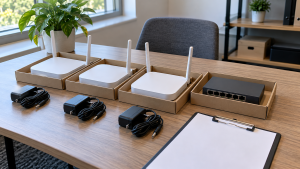 Routers and a small network switch staged in cardboard trays beside adapters and a clipboard