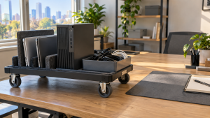 Laptops and a desktop computer on an office cart with cables in a separate tray