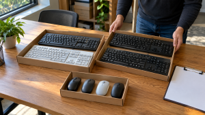 Computer keyboards and mice arranged in separate trays beside a clipboard