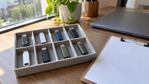 USB flash drives in a compartment organizer beside a clipboard and closed laptop