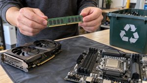 Hands holding a RAM module above a work mat beside computer components