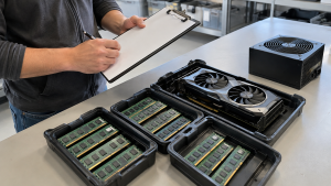 Hands holding a clipboard beside computer components in trays and an enclosed power supply